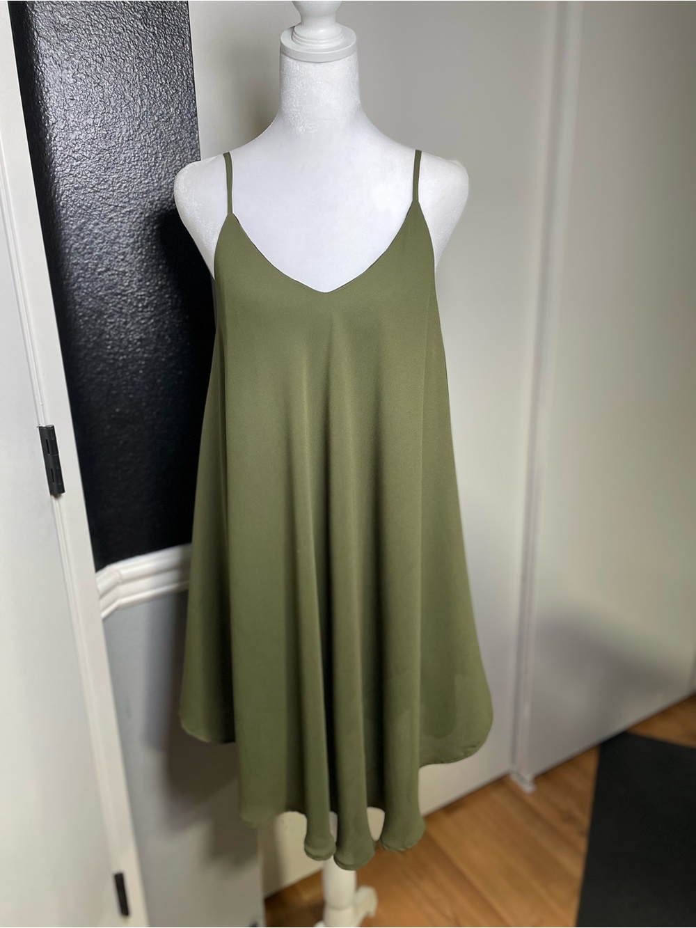 Olive Green Asymmetrical Slip Dress with Spaghetti Straps - Women